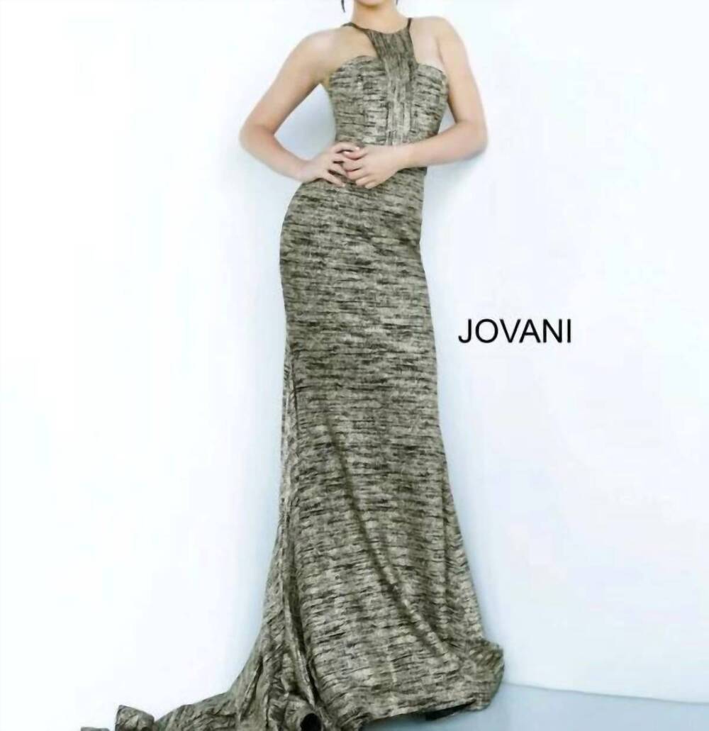 NEW JOVANI form fitting high halter gown in gold/black